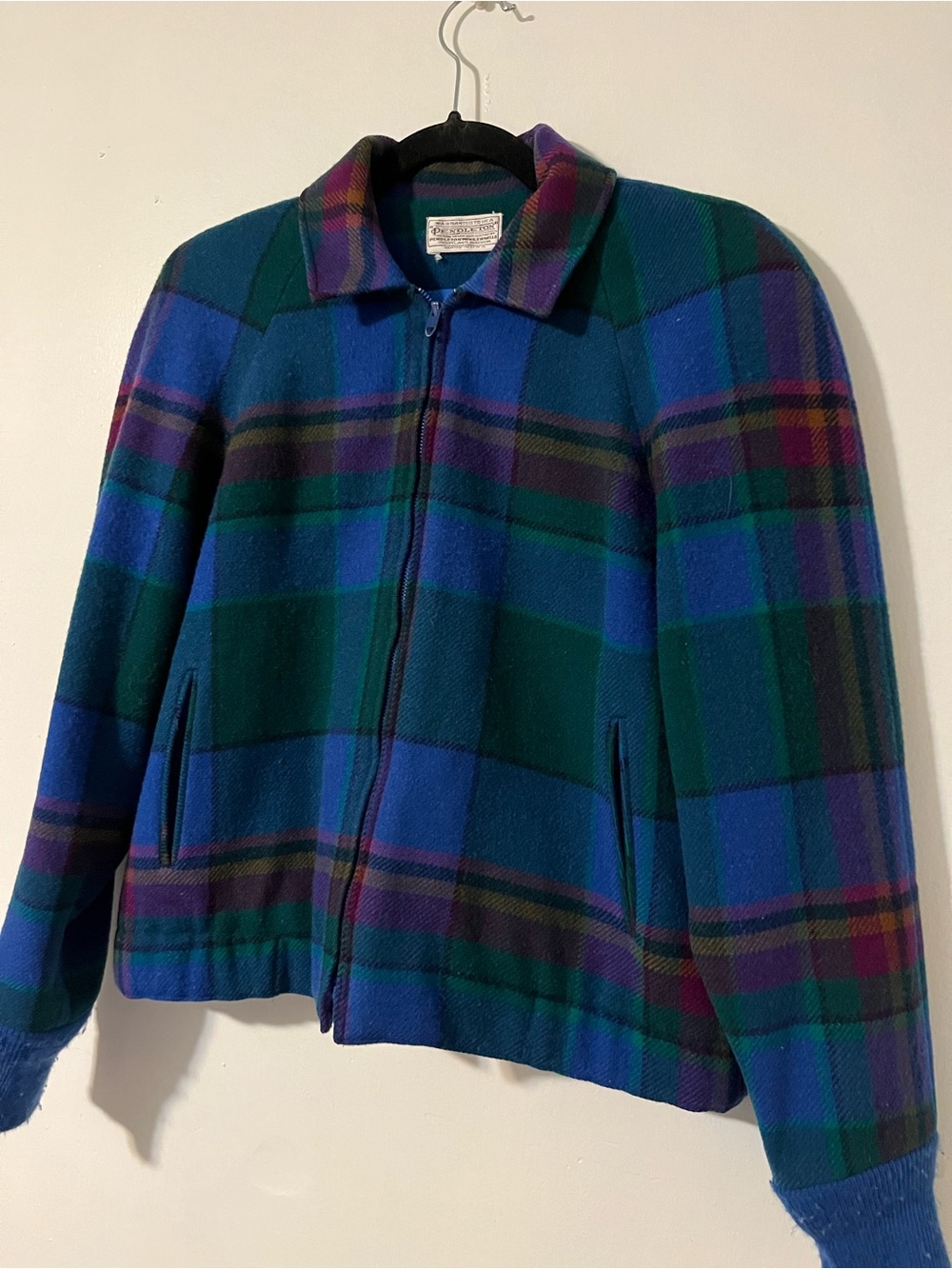 VTG Pendleton Wool Blue and Green Plaid Bomber Jacket - Made in USA - Picture 2 of 7